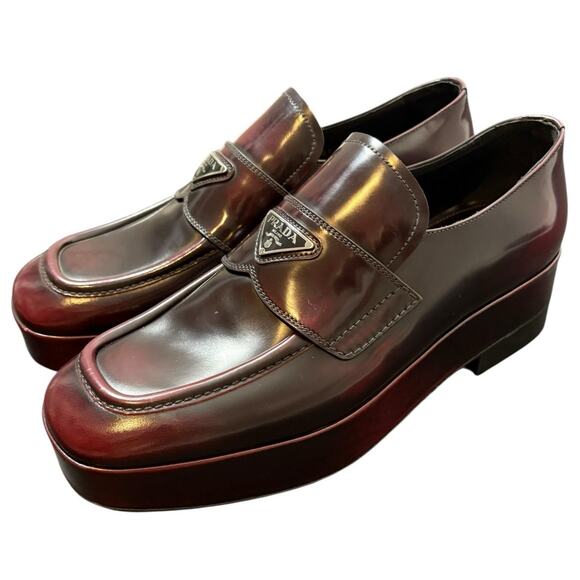 Prada Leather Platform Loafers Luxury Designer Italy Made Red Brown Men's Size 9 - Picture 2 of 9